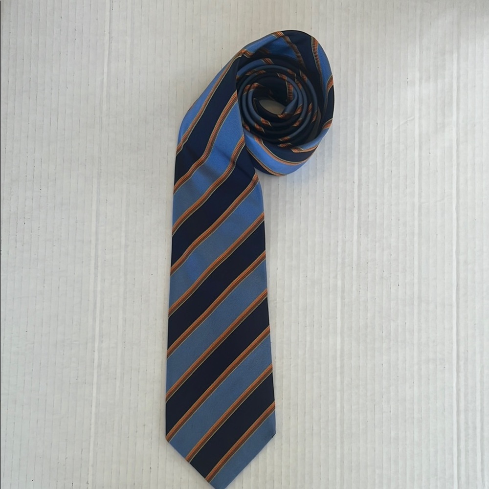 HEMLEY Classic Blue and Orange Striped Silk Tie